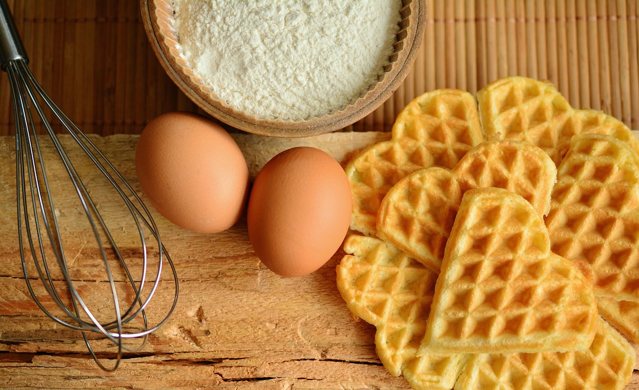 waffles, eggs, flour, whisk, wire whisk, baking ingredients, ingredients, food preparation, food, flat lay, composition, food phootgraphy, heart waffles, heart shape, raw eggs, waffles, eggs, food, food, food, food, food